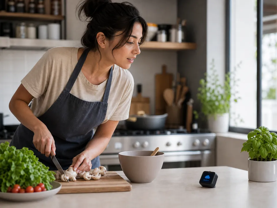 The tiny voxcop device on a kitchen counter for hands-busy voice input.