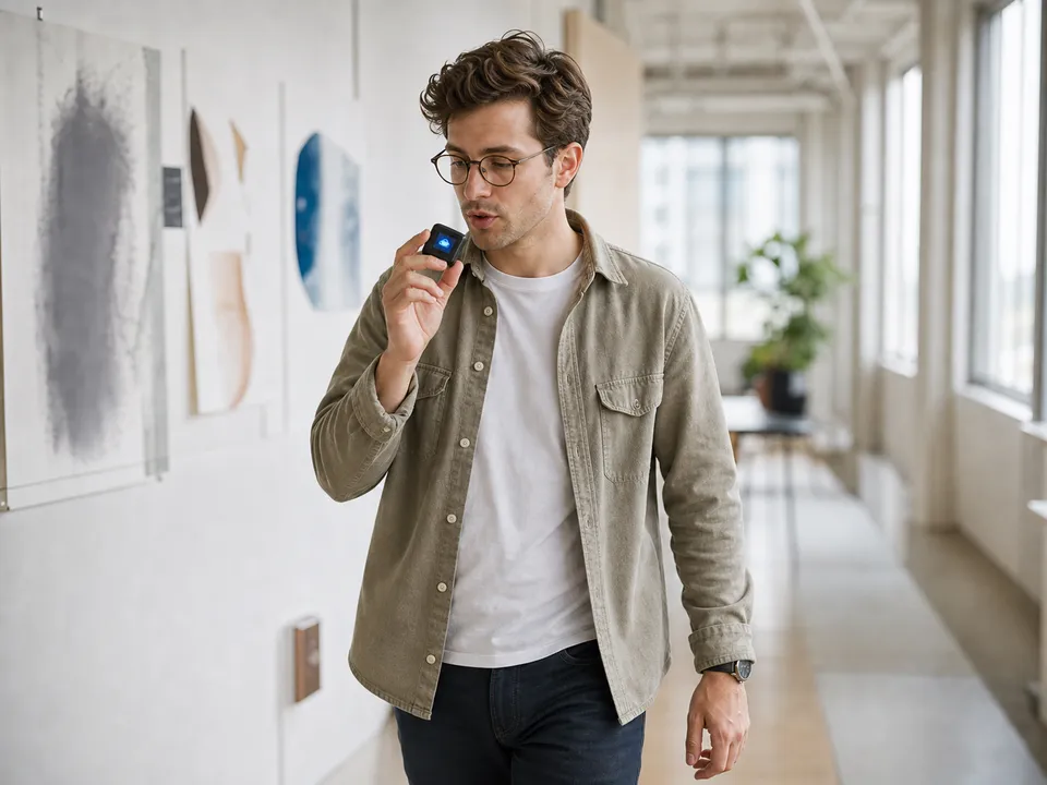 A person holding the tiny voxcop device at an angle while capturing a fresh idea.