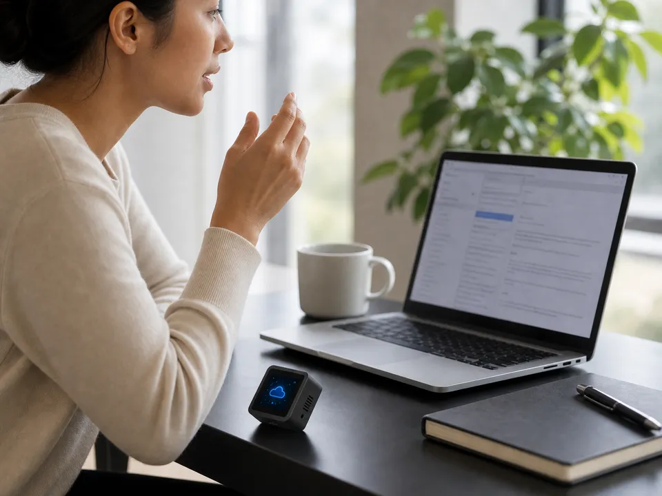 A person speaking toward a tiny voxcop device while writing a long message on a laptop.