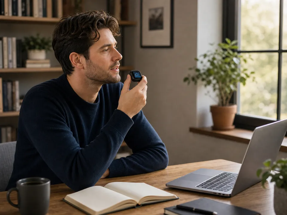 A calm writing setup with the tiny voxcop device held near the mouth.