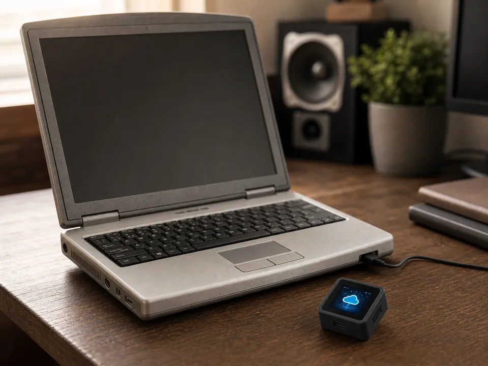 The tiny voxcop device near an older laptop that can accept keyboard input.
