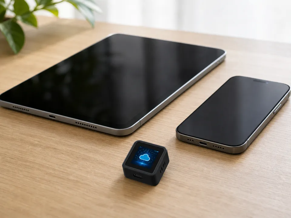 The tiny voxcop device beside a phone and tablet for faster text input.