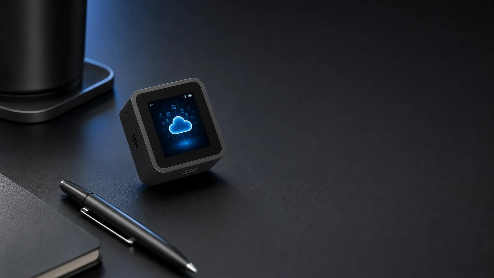 The tiny 1.8-inch voxcop voice input device shown at an angle.