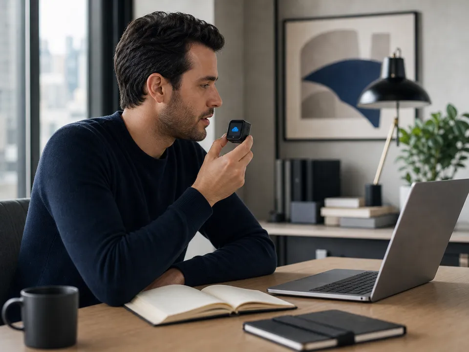 A person holding the tiny voxcop device at an angle to turn spoken notes into typed text.